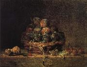 Jean Baptiste Simeon Chardin Walnut and fitted with a basket of plums cherry red millet vinegar oil on canvas